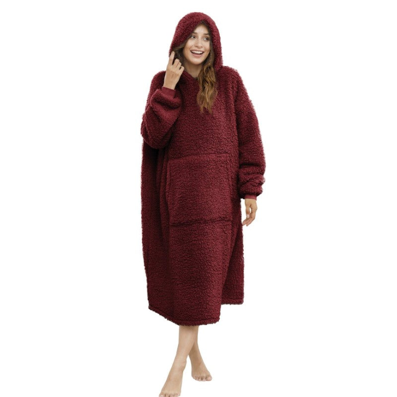 Long Warm Sherpa Fleece Sweatshirts Hoodie Wine Red One Size