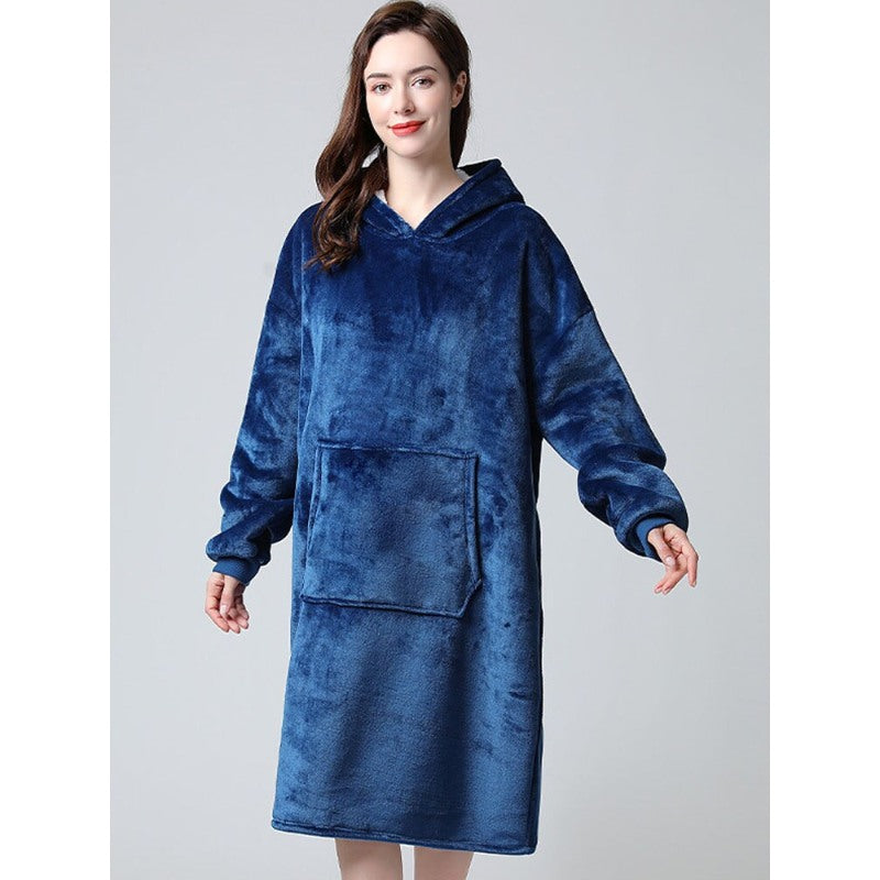 Oversized Warm Fleece Long Hoodies Blue