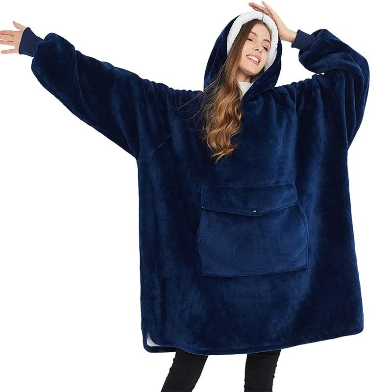 Winter Plush Sherpa Giant Oversized Hoodie Robe Navy Blue One Size