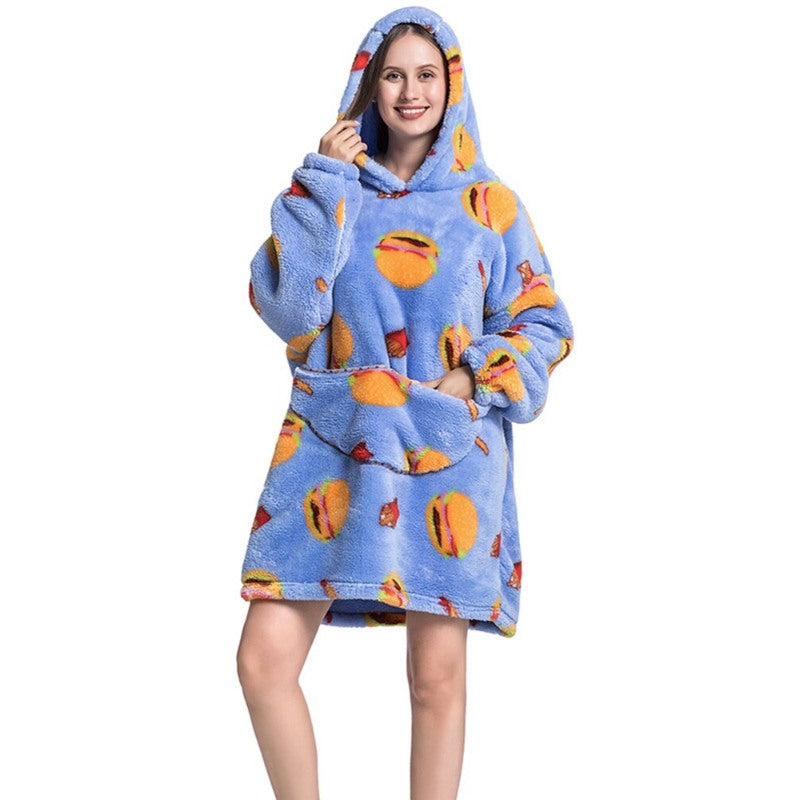 Printed Winter Oversized Fleece Hoodies Blanket Hamburger