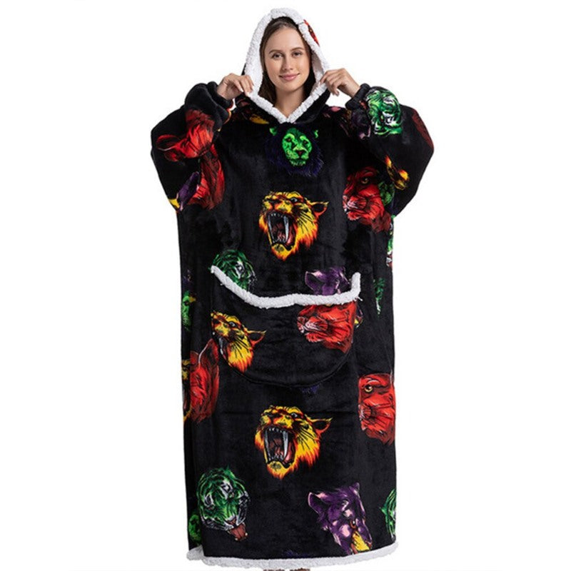 Oversized Long Warm Printed Winter Hoodies Animal One Size