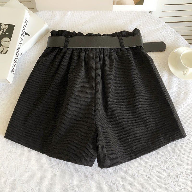 Women Corduroy Casual Straight Shorts With Belt