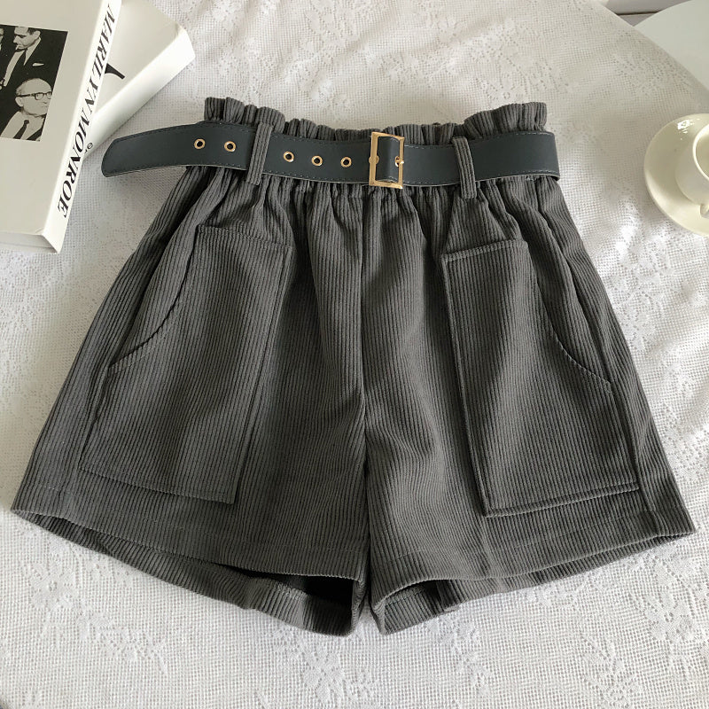 Women Corduroy Casual Straight Shorts With Belt Grey One Size