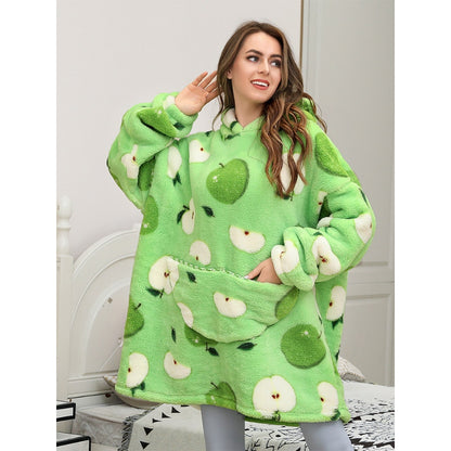 Oversized Winter Printed Hoodie Wearable Blanket Green Apple One Size