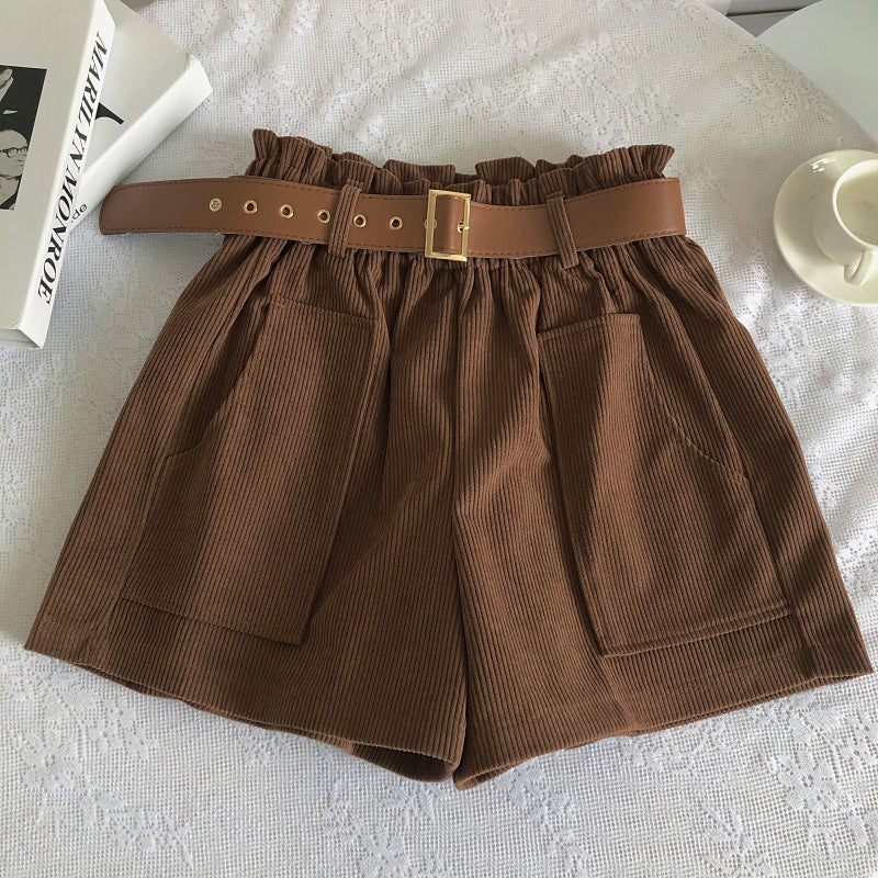 Women Corduroy Casual Straight Shorts With Belt Brown One Size