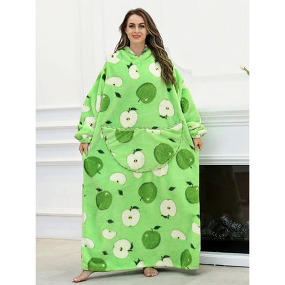 Oversized Long Warm Printed Winter Hoodies Green Apple One Size