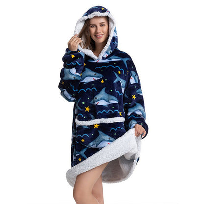 Oversized Winter Printed Hoodie Wearable Blanket Shark One Size