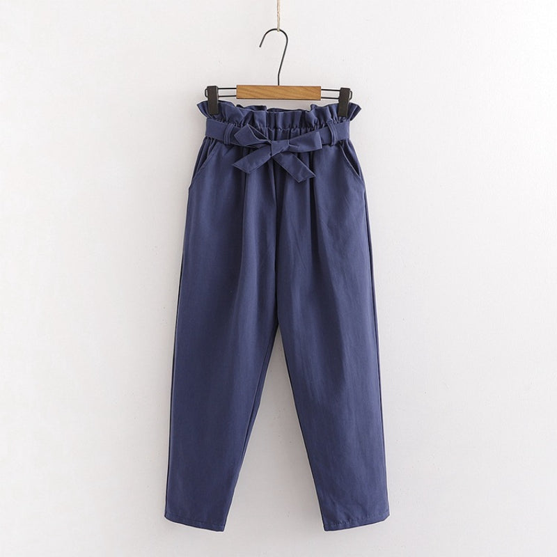 Bow Lace-Up Elastic Waist Casual Women Pants Blue One Size