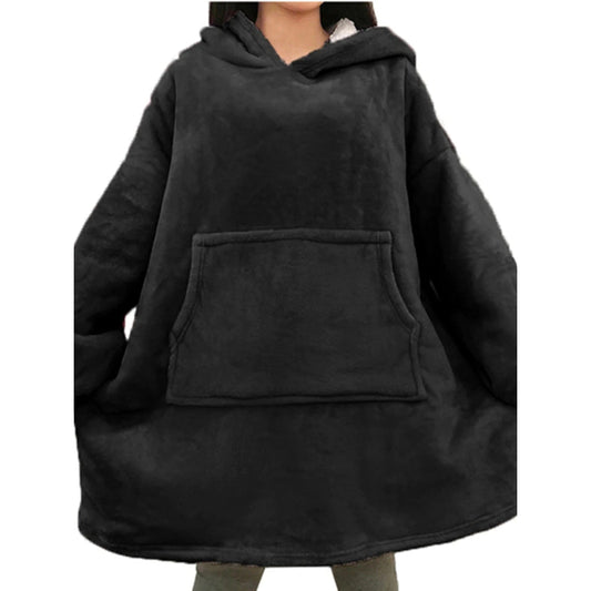 Solid Oversized Fleece Wearable Blanket Hoodie Black One Size