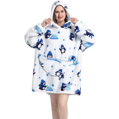 Printed Giant Warm Oversized Fleece Hoodies Blanket Penguin