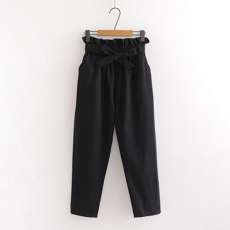 Bow Lace-Up Elastic Waist Casual Women Pants Black One Size