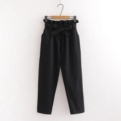 Bow Lace-Up Elastic Waist Casual Women Pants Black One Size