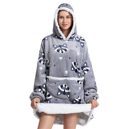 Oversized Winter Printed Hoodie Wearable Blanket Racoon One Size