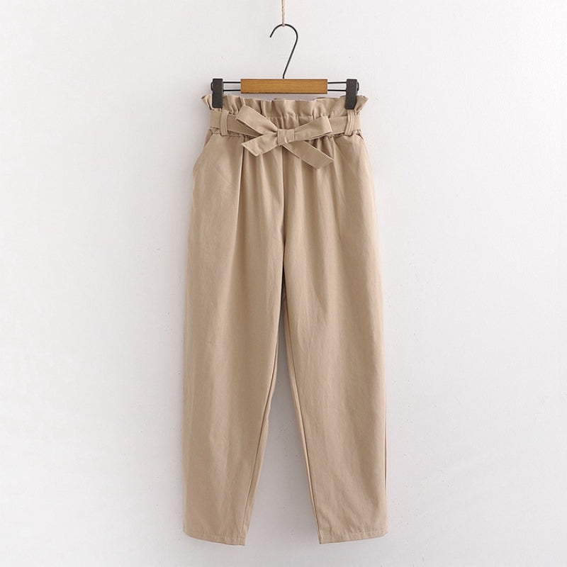 Bow Lace-Up Elastic Waist Casual Women Pants Apricot One Size