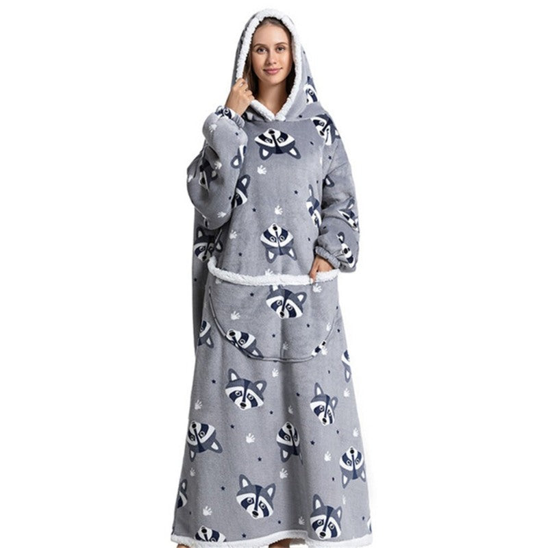 Oversized Long Warm Printed Winter Hoodies Raccoon One Size