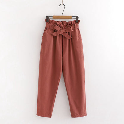 Bow Lace-Up Elastic Waist Casual Women Pants Red One Size