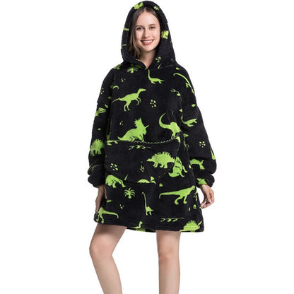 Printed Giant Warm Oversized Fleece Hoodies Blanket Green Dinosaur