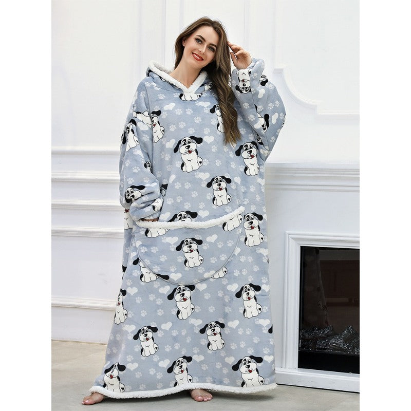 Oversized Long Warm Printed Winter Hoodies Puppy One Size