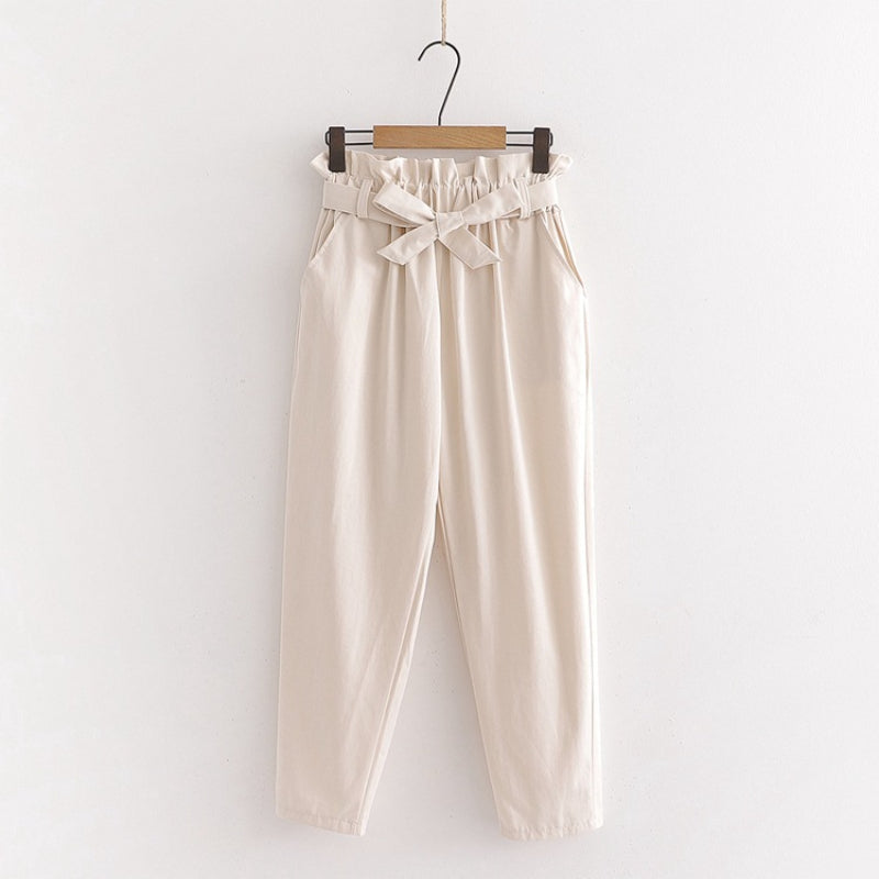 Bow Lace-Up Elastic Waist Casual Women Pants Beige One Size