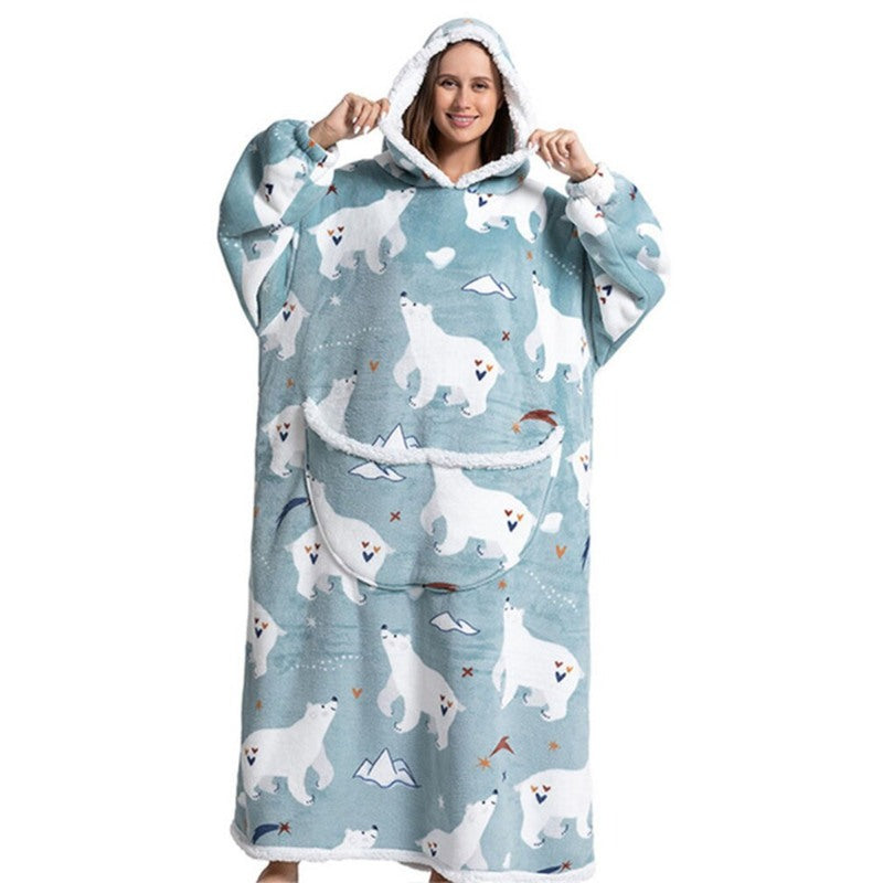 Oversized Long Warm Printed Winter Hoodies White Bear One Size