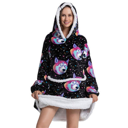 Oversized Winter Printed Hoodie Wearable Blanket Wolf One Size