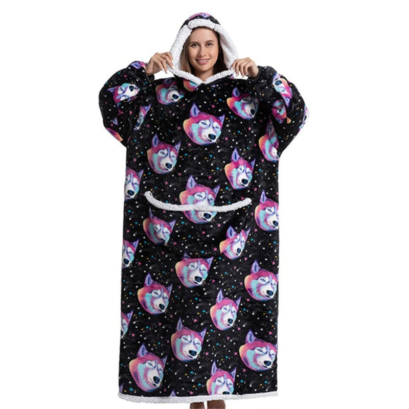 Oversized Long Warm Printed Winter Hoodies Dog One Size