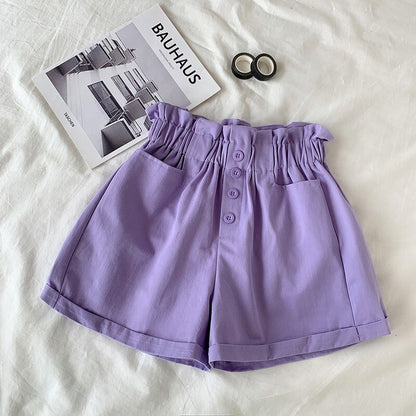 Casual Pocket Buttoned Shorts Purple One Size