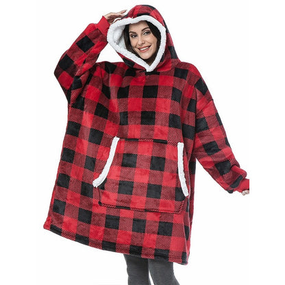 Loose Oversize Warm Wearable Blanket Hoodies Red-Black One Size