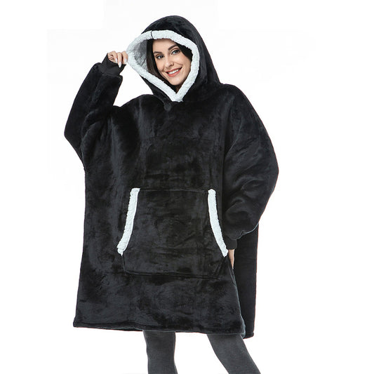 Solid Oversized Fleece Blanket Hoodie Wearable Blanket Black One Size