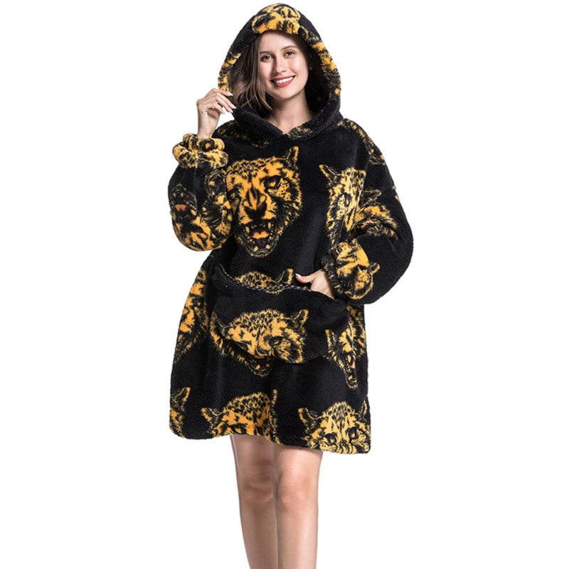 Printed Winter Oversized Fleece Hoodies Blanket Cheetah