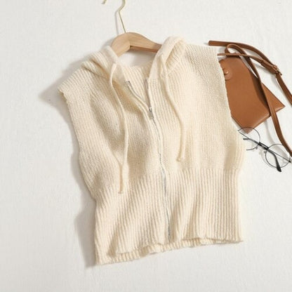 Loose Knitted Hooded Zipper Sweater Vest For Women Beige One Size