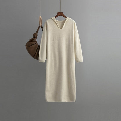 Casual Hooded Long Sweater Dress For Women Off-White One Size