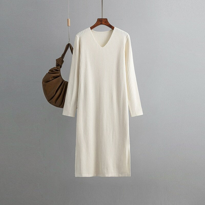 Long Sleeve Over Knee Sweater Dress For Women Off-White One Size