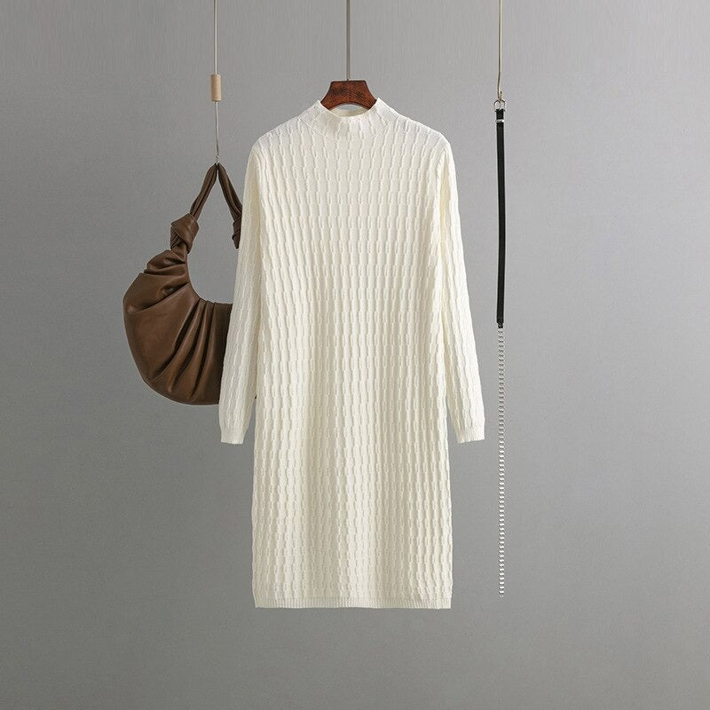 Casual Loose Knitted Long Sweater Dress With Belt One Size Off-White