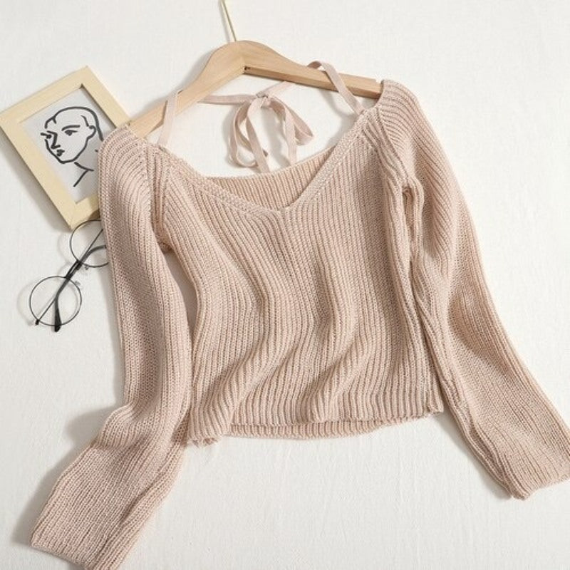 V-neck Long-Sleeved Knitted Crop T-Shirts For Women Apricot One Size