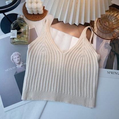 Camisole Solid Color Knitted Vest Tops For Women Apricot One Size