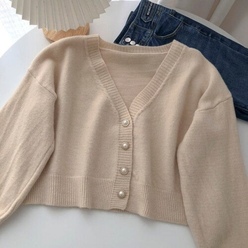 V-Neck Solid Long-Sleeved Knitted Cardigans For Women Beige One Size