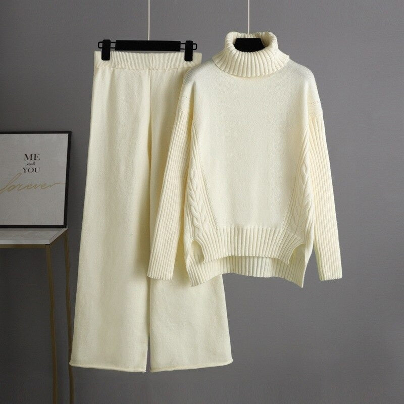 Thick Turtleneck Pullover And Wide Leg Pants For Women Off-White One Size