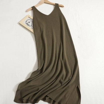 Warm V-Neck Knitted Long Sweater Dress Green Gray One Size