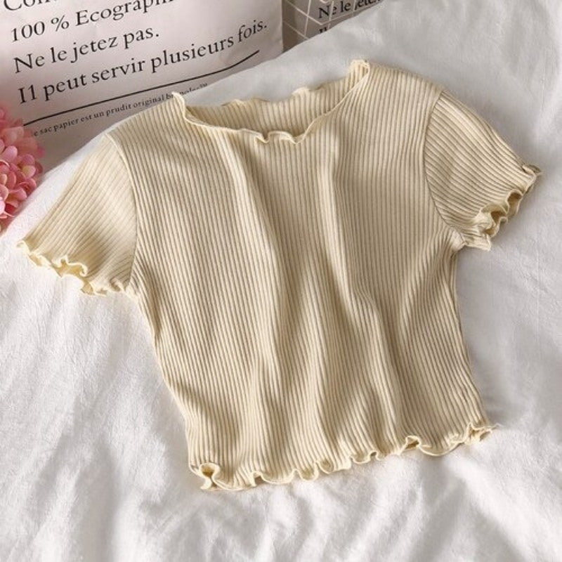 Korean Slim Curl Short Stripe T-Shirts For Women Beige One Size