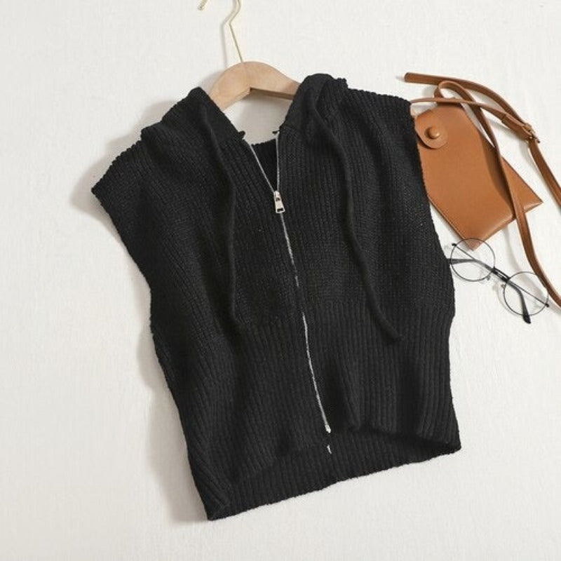 Loose Knitted Hooded Zipper Sweater Vest For Women Black One Size