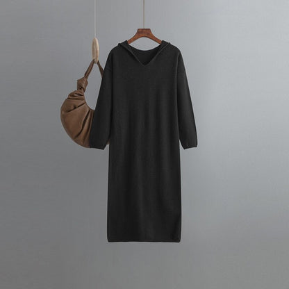 Casual Hooded Long Sweater Dress For Women Black One Size