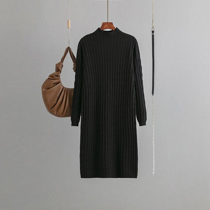 Casual Loose Knitted Long Sweater Dress With Belt