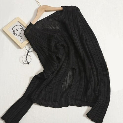 Solid Color Knitted Hollow Out Sweater For Women Black One Size