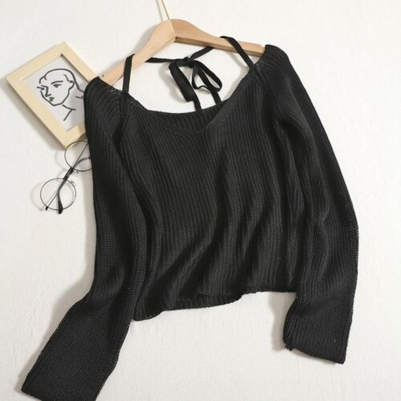 V-neck Long-Sleeved Knitted Crop T-Shirts For Women Black One Size