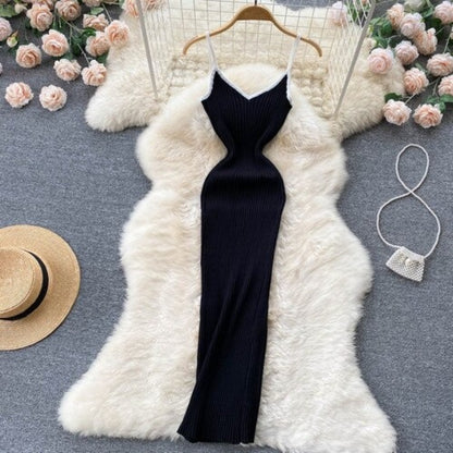 V Neck Knitted Hollow Sleeveless Dress For Women Black One Size