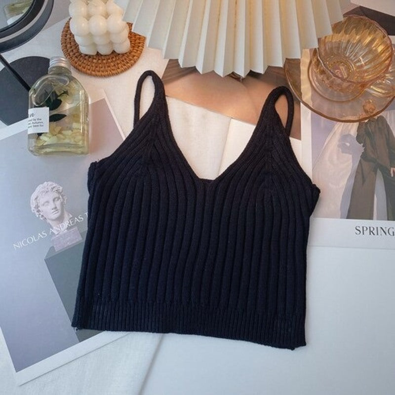 Camisole Solid Color Knitted Vest Tops For Women Black One Size