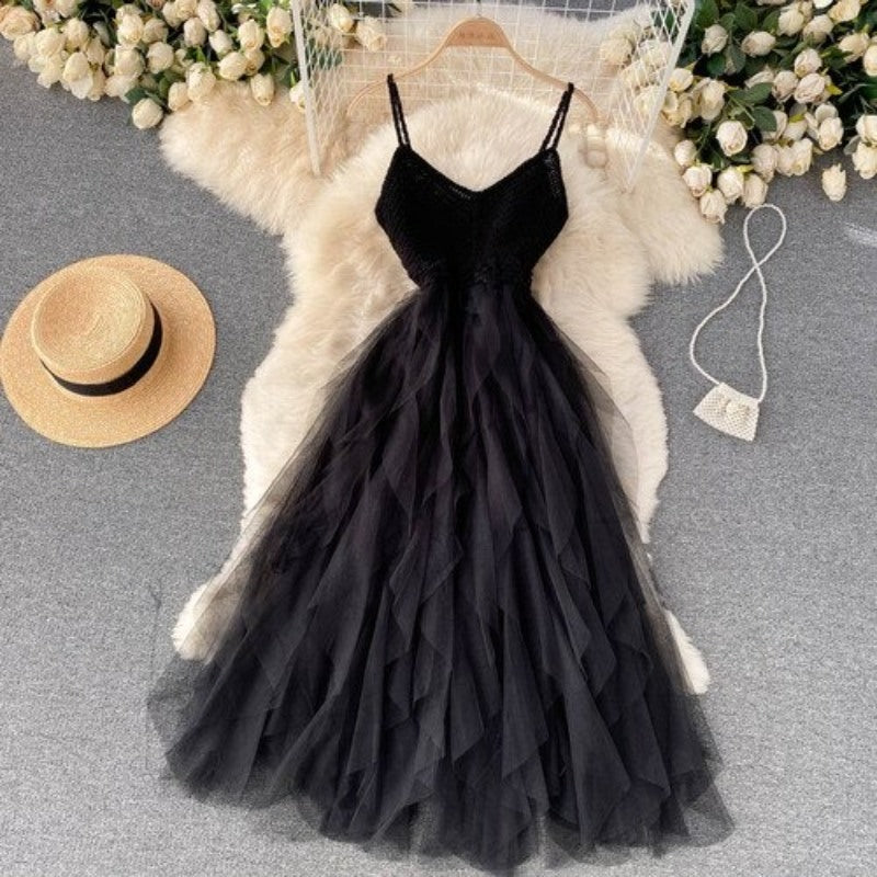 Irregular Net Gauze Fluffy Dress For Women Black