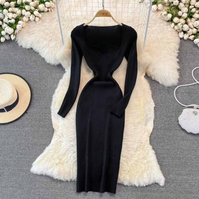 Elegant Low Neck Tight Stretch Knit Dress For Women Black One Size