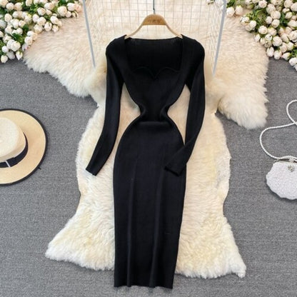 Elegant Low Neck Tight Stretch Knit Dress For Women Black One Size